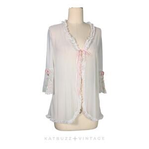 Delicates Sheer Cardigan Top M Cream Pink Y2K Fairy Coquette Mesh Floral Bow